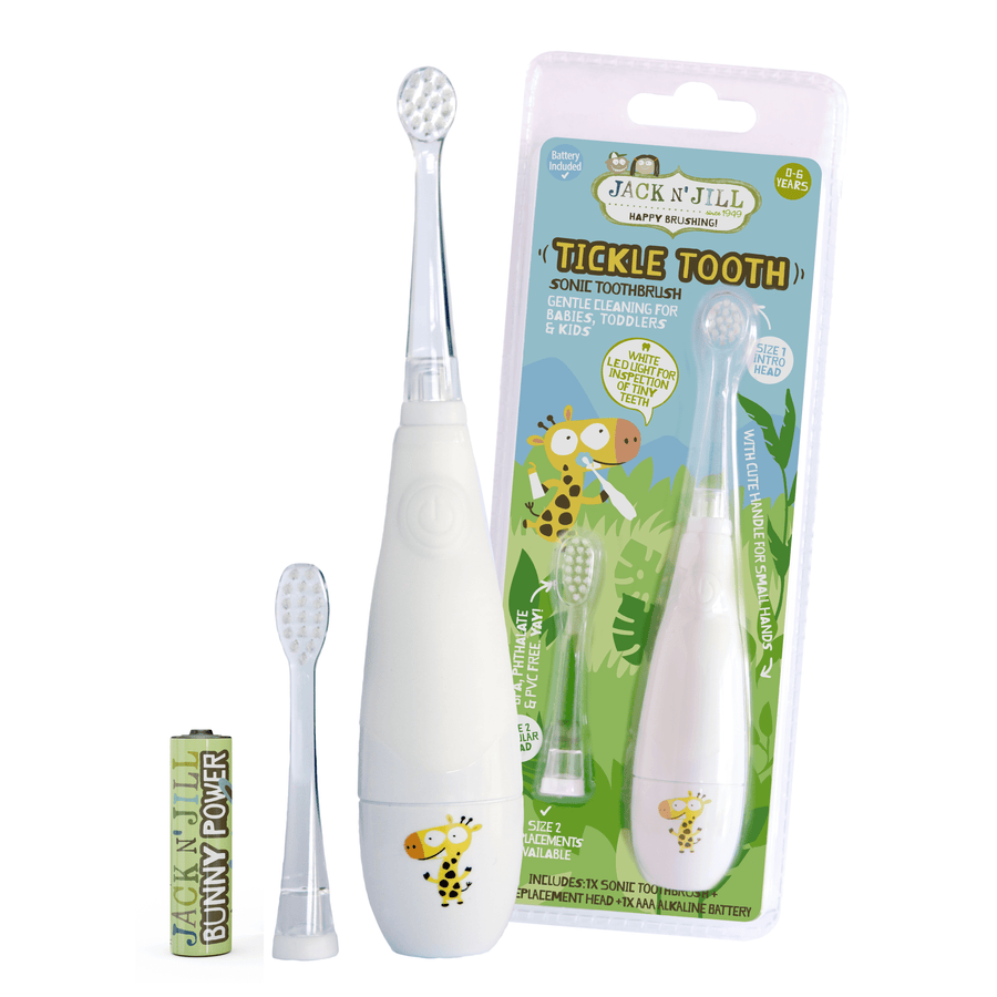 White Jack N' Jill Tickle Tooth sonic kids toothbrush, extra head and battery shown beside packaged spare head