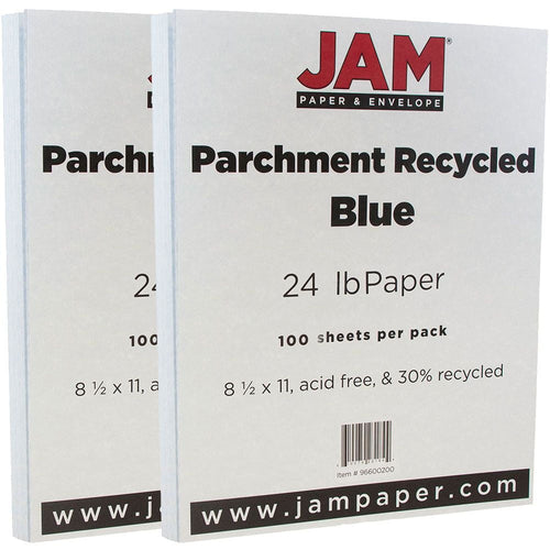 Two JAM Paper branded packs labeled 'Parchment Recycled Blue' with product text