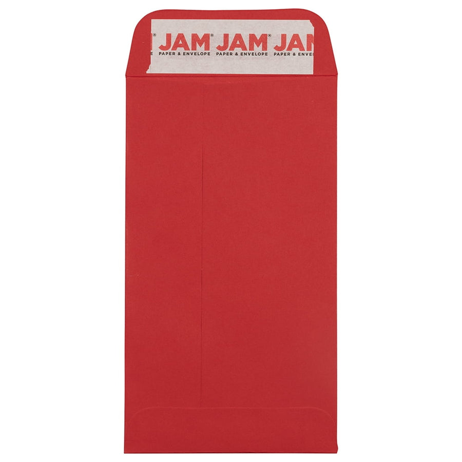 Red JAM Paper coin envelope with peel-and-seal strip visible on open flap