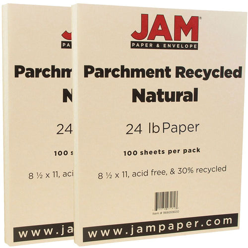 Two JAM Paper parchment packs in natural color showing product label and specifications