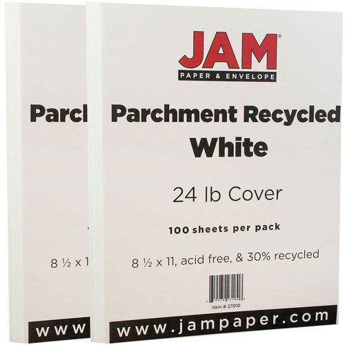 Two reams of JAM Paper parchment-style white cover paper with visible JAM logo and product text on the front