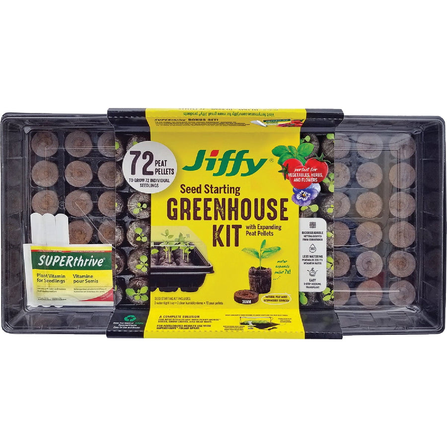 Jiffy branded seed starting greenhouse kit in a clear plastic dome with yellow product label and 72 peat pellets visible