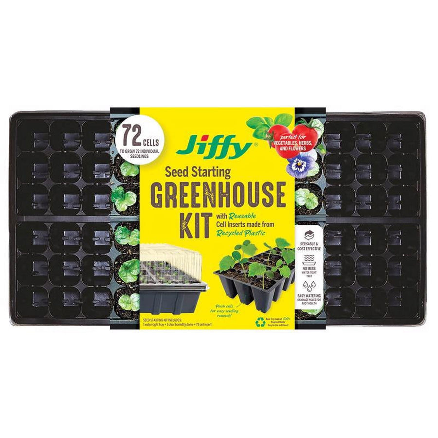 Black plastic seed tray with yellow Jiffy Seed Starting Greenhouse Kit label wrapped around the center