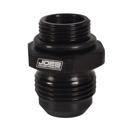 Black anodized port adapter fitting with JOES Racing Products logo and male threaded ends