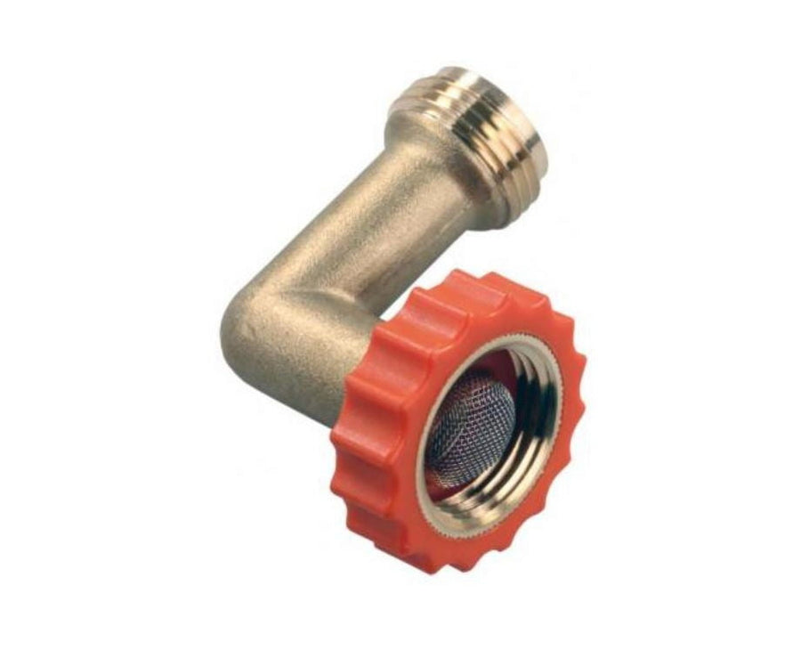 JR Products brass 90° hose saver with orange grip and built-in mesh screen