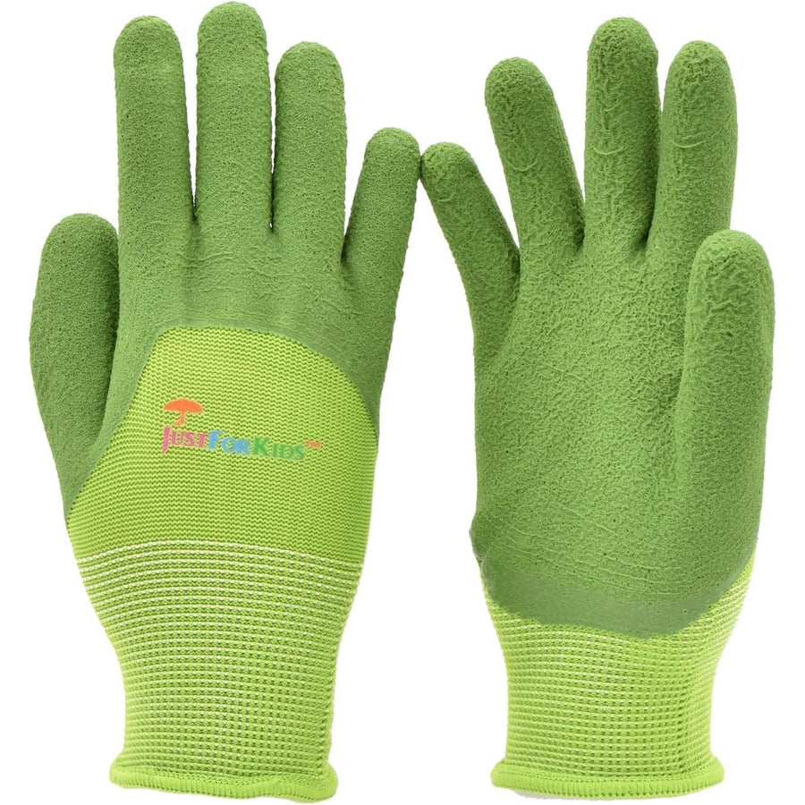Pair of bright green micro-foam textured kids gardening gloves with knit wrists and JustForKids logo