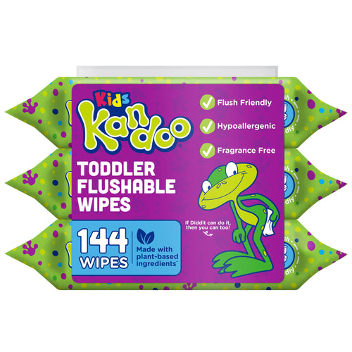 Front view of Kandoo Kids toddler flushable wipes pack with green frog mascot and label showing 144 wipes and product claims.