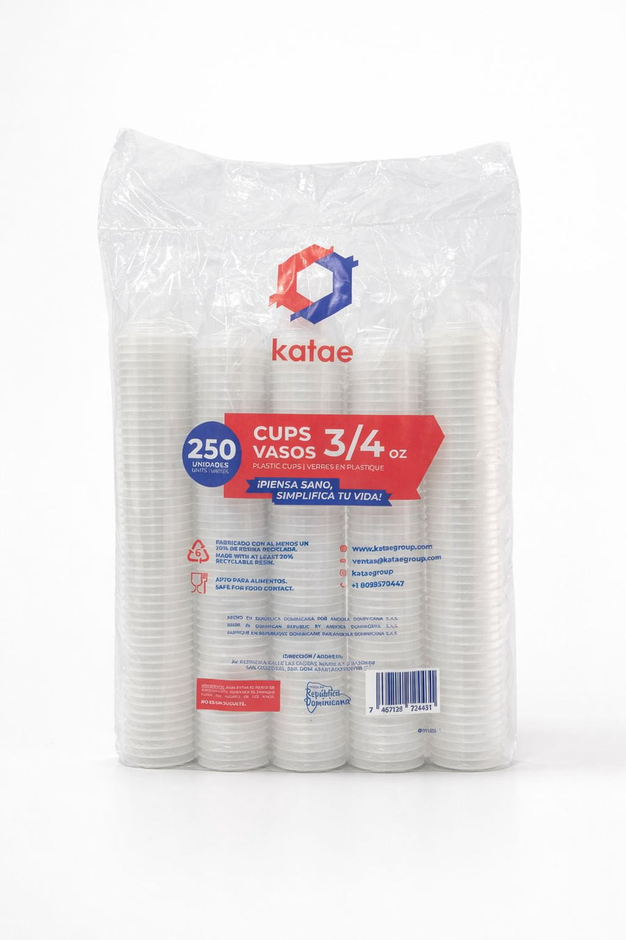 Branded Katae pack of clear ribbed disposable cups photographed on white background with product label visible