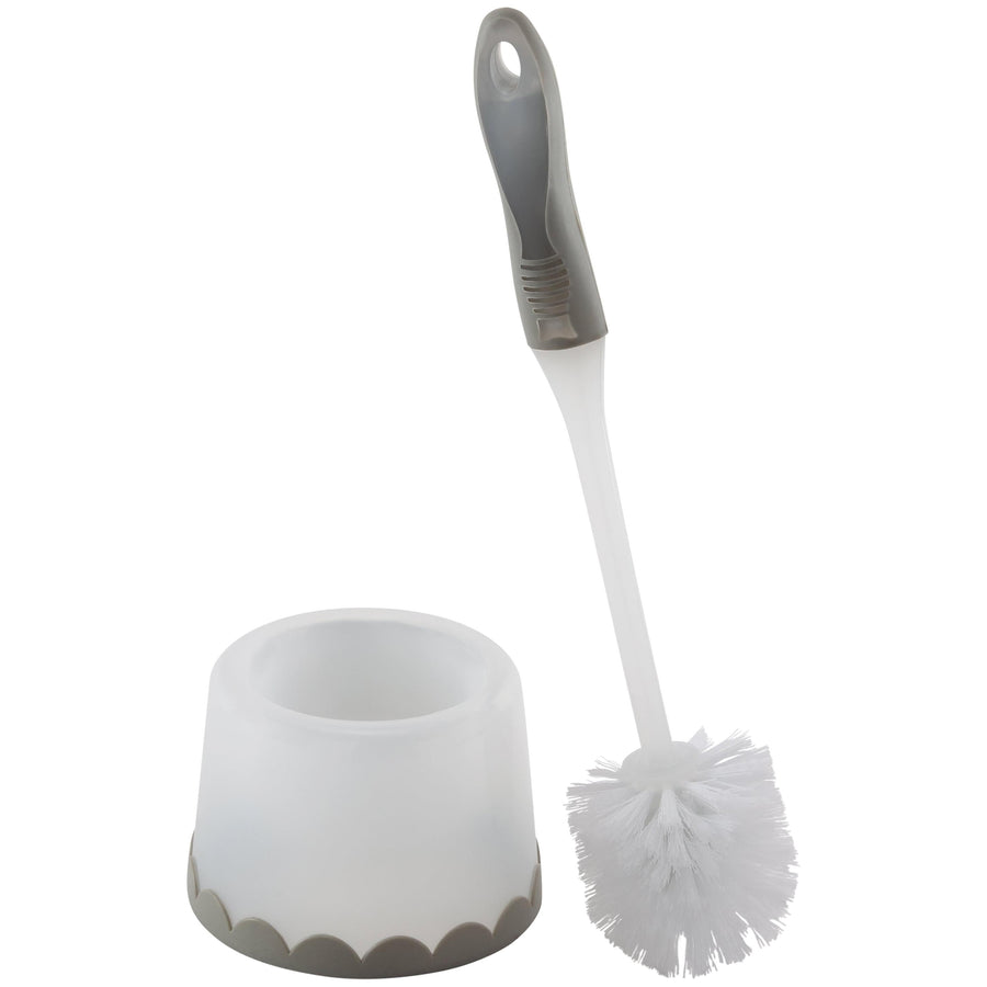 Kennedy Home white toilet brush with gray handle and matching holder on a white background.