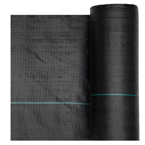 Close-up of a black tightly woven weed barrier fabric roll with a teal guide line across the material.