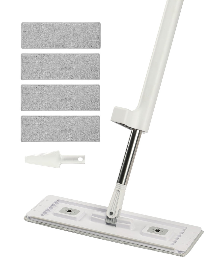 KFFKFF flat mop head with telescoping metal handle, base plate, small scraper and four rectangular gray microfiber mop pads on white background