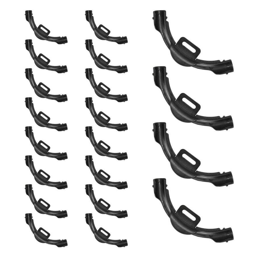 Multiple black 90-degree PEX tubing bend support brackets arranged on white background