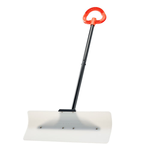 KFFKFF snow pusher with white HDPE curved blade, black metal shaft and orange ergonomic D-handle on white background