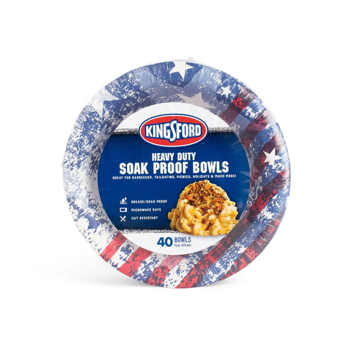 Kingsford branded heavy-duty soak-proof paper bowl with Americana stars-and-stripes package front