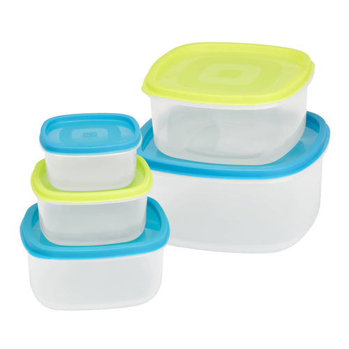 Kitchen Details nested plastic food storage containers with blue and lime green lids on white background