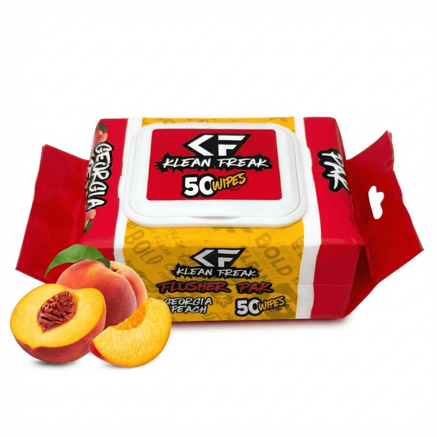 Klean Freak Georgia Peach flushable wipes pack with peel-up plastic lid and sliced peach prop