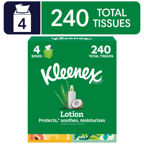 Green Kleenex multipack box graphic showing 240 total tissues and coconut imagery with lotion bottle
