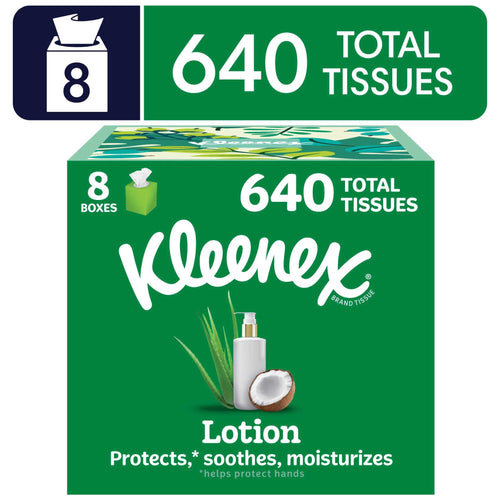 Green Kleenex cube pack box labeled Lotion with coconut image and '640 total tissues' callout