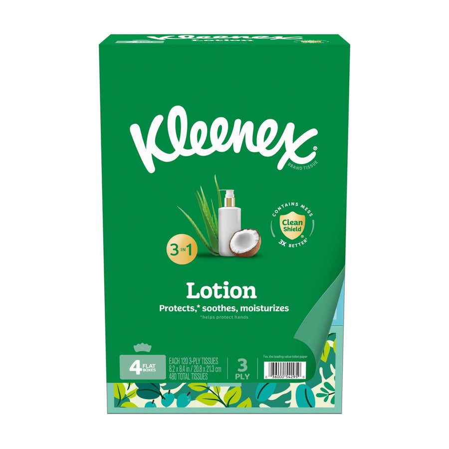 Green Kleenex lotion facial tissue box with coconut and pump bottle graphic and 3-ply label