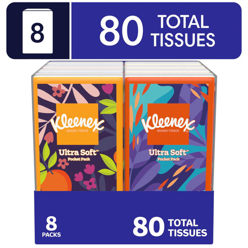 Eight Kleenex On-The-Go pocket packs in colorful floral and abstract wrappers displayed in a blue tray with '80 total tissues' banner