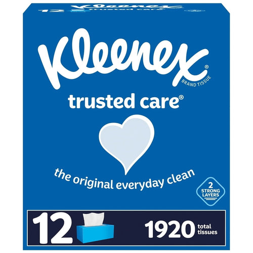 Blue Kleenex Trusted Care retail carton artwork with heart logo, 12 and 1920 tissue callouts