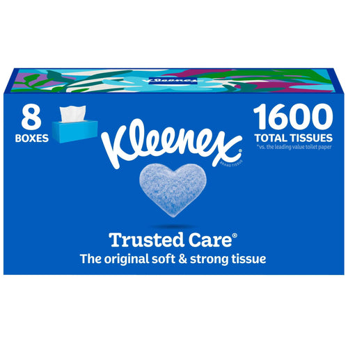 Blue Kleenex Trusted Care multipack box graphic showing heart logo and '1600 total tissues' text on front