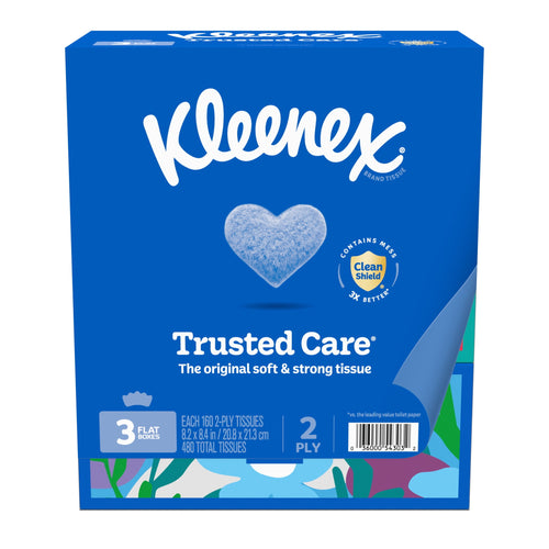 Blue Kleenex Trusted Care boxed tissues with heart logo, packaging text and label showing 3 flat boxes and 2-ply details
