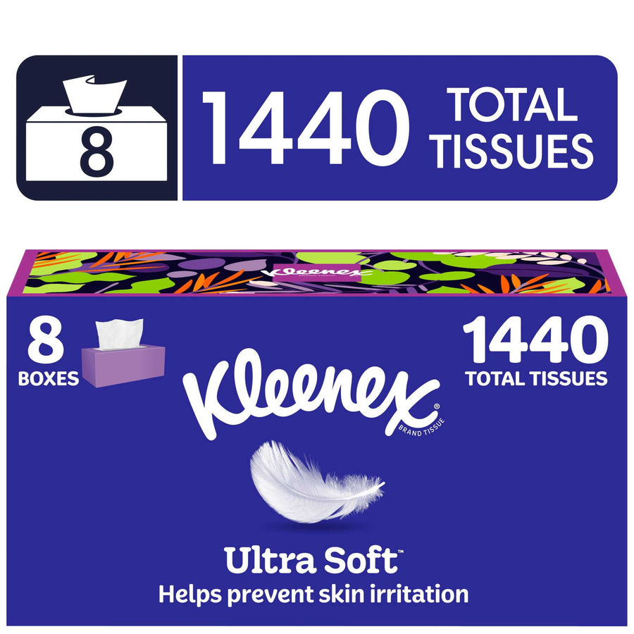 Purple Kleenex Ultra Soft multi-pack box graphic showing 1440 total tissues and decorative tissue box art
