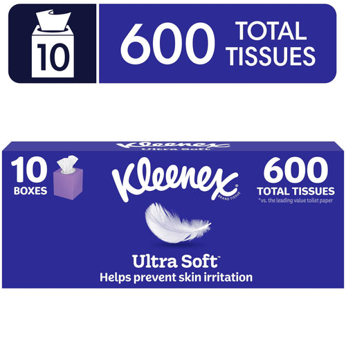 Blue Kleenex Ultra Soft pack graphic showing 10 boxes and '600 total tissues' text with feather logo
