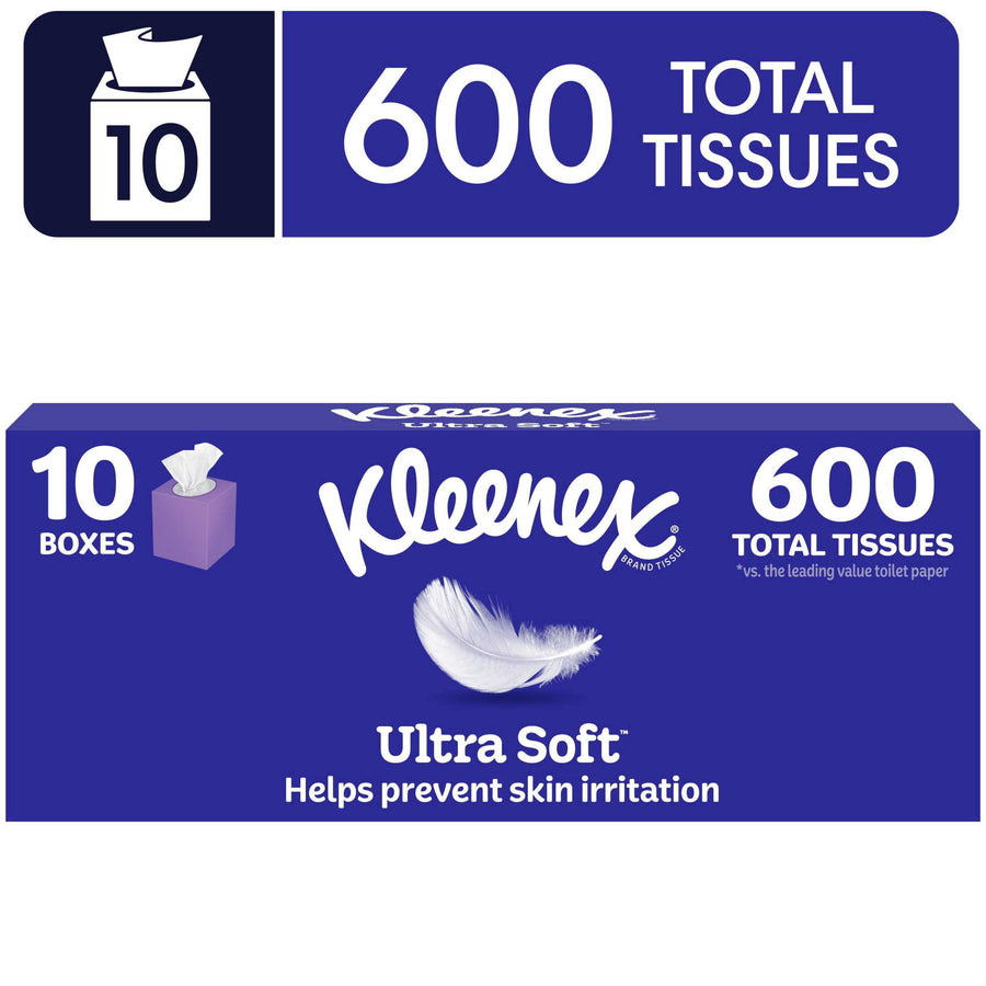 Blue Kleenex Ultra Soft pack graphic showing 10 boxes and '600 total tissues' text with feather logo