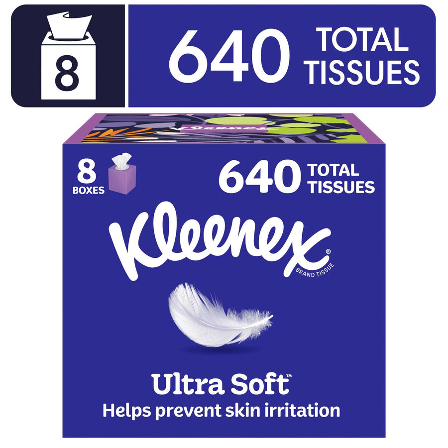 Kleenex Ultra Soft purple cube pack graphic showing 640 total tissues and feather logo