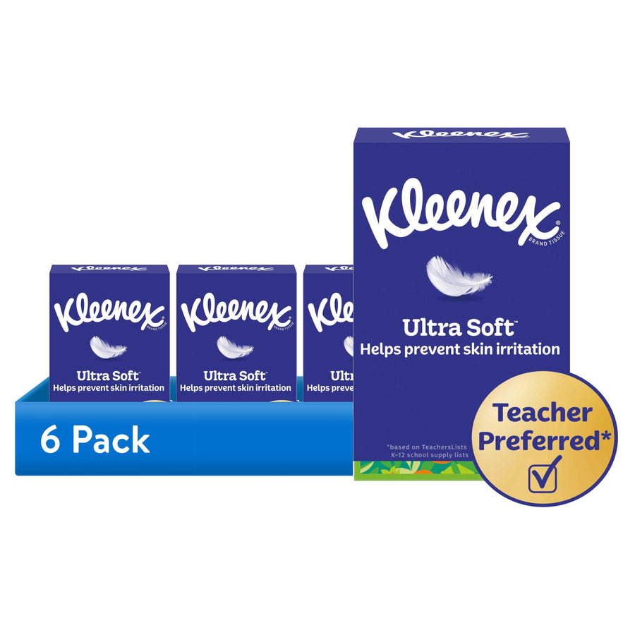 Packaged Kleenex Ultra Soft tissue boxes in blue packaging with a 'Teacher Preferred' badge and '6 Pack' banner