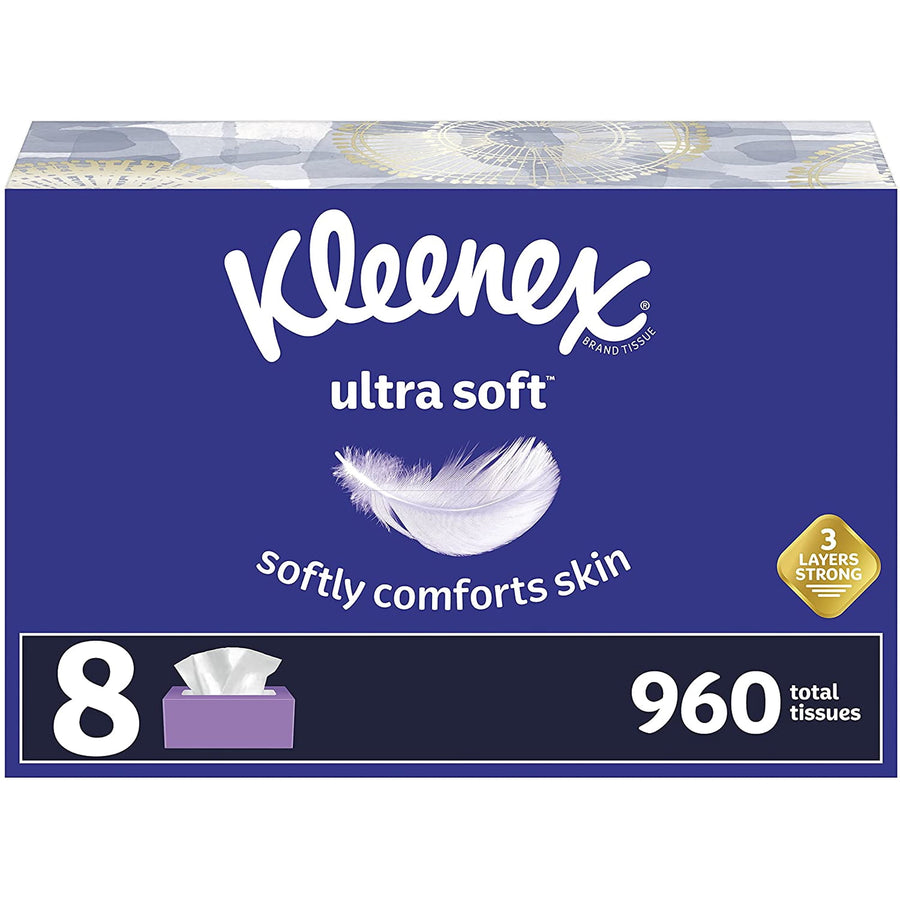 Front-facing Kleenex Ultra Soft multipack artwork in blue showing a feather graphic, '8' pack icon and '960 total tissues' text.