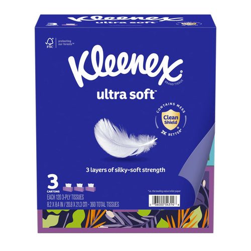 Front-facing Kleenex Ultra Soft purple carton showing feather logo, Clean Shield seal and 3-pack/carton labeling
