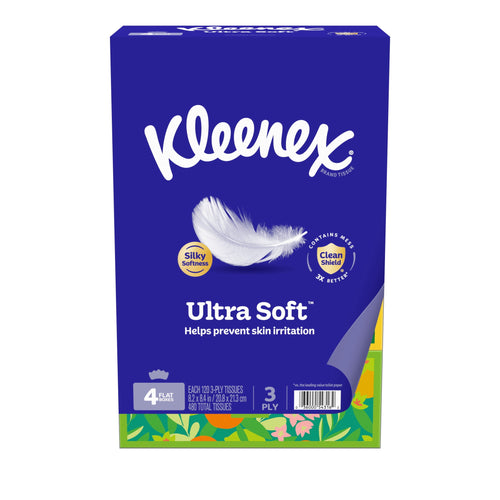 Purple Kleenex Ultra Soft retail carton showing the brand script, feather graphic, and product callouts on a white background