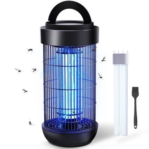 Black cylindrical electric bug zapper with blue UV tube, protective metal grid, hanging handle and cleaning brush shown