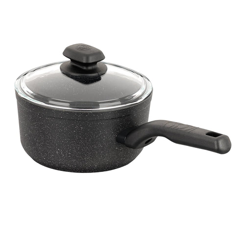 Black speckled nonstick saucepan with glass lid and long black handle on a white background.