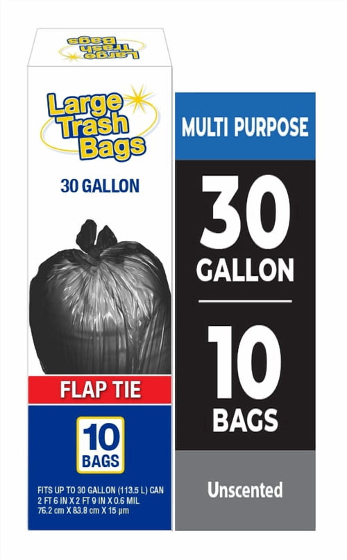 Tall rectangular package panel showing 'Large Trash Bags' logo, 30 gallon text, flap tie and 10 bags callouts.