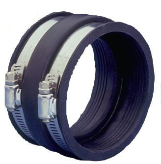 Black rubber pipe coupling with integrated ridged interior and two metal hose clamps attached