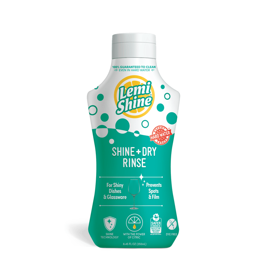 Single Lemi Shine Shine + Dry rinse aid bottle with teal label and Lemi Shine logo on a white background.