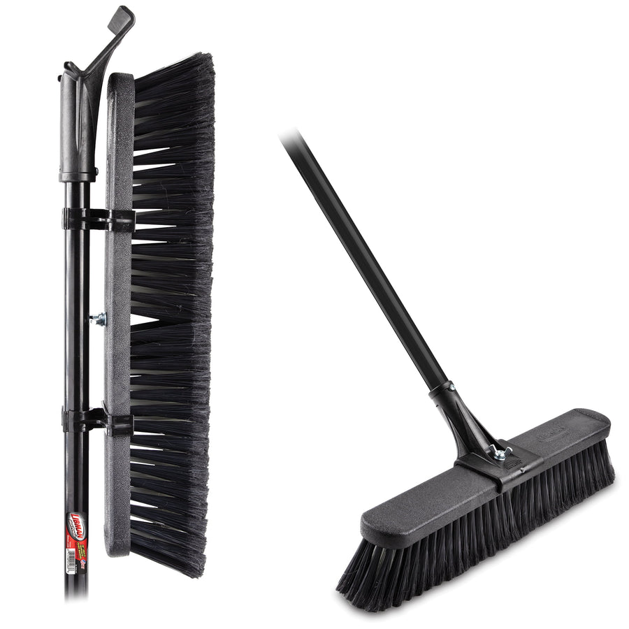 Libman black 18-inch multi-surface push broom head and steel handle shown in close-up vertical and angled views