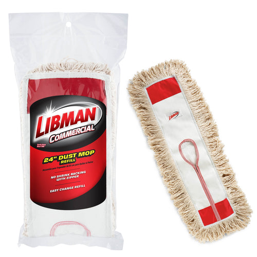 Packaged Libman Commercial 24-inch cotton dust mop refill in clear plastic bag with red and black label
