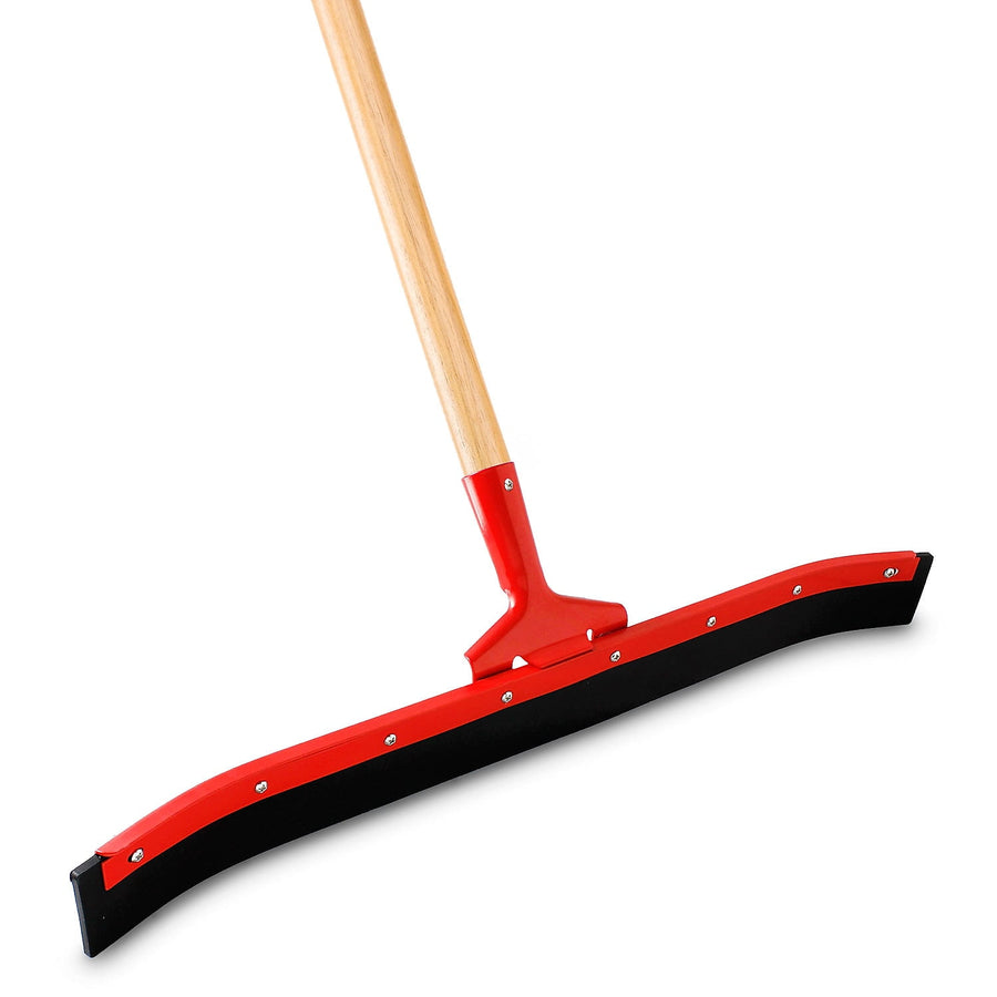 Red metal 24-inch curved floor squeegee with black rubber blade and wood handle on white background