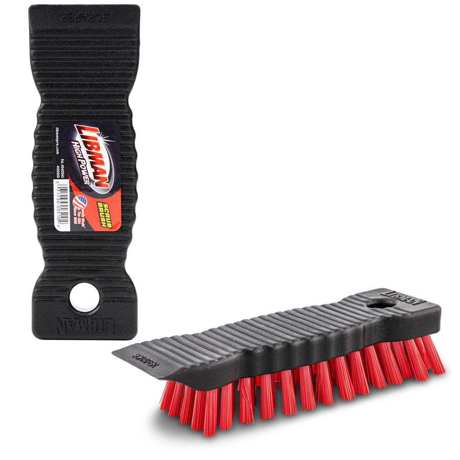 Two angled views of a black Libman scrub brush with red bristles on white background