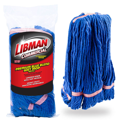 Packaged Libman Commercial premium blue blend wet mop refill shown in clear plastic bag with branded label