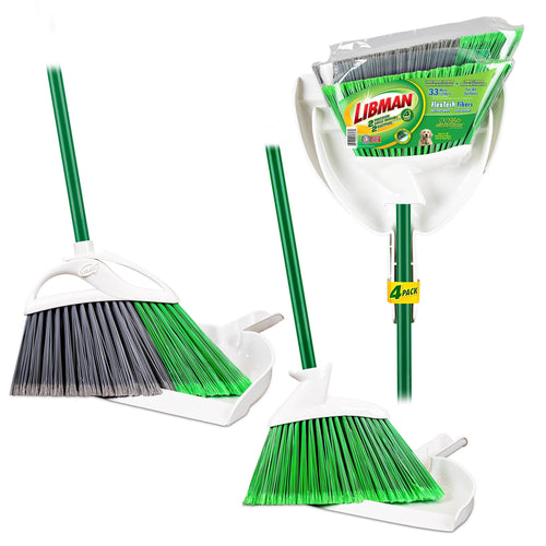 Two green-handled Libman angle brooms and two white dustpans shown in a composite product layout