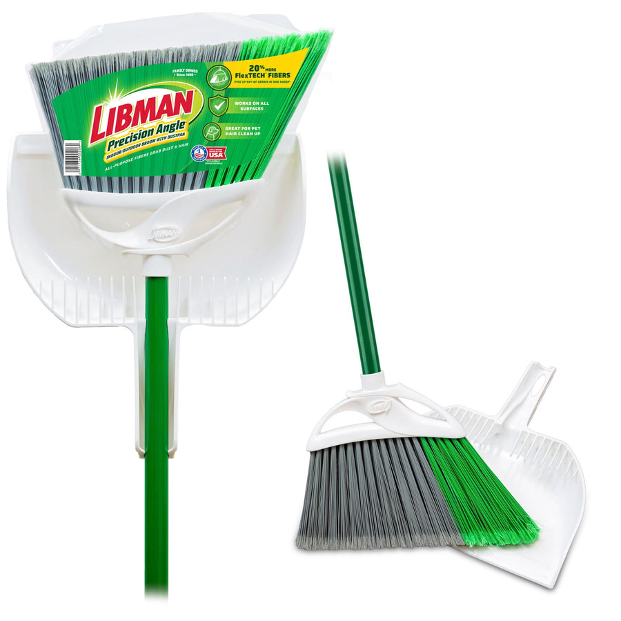 Libman green-and-gray angle broom seated in a white dustpan with Libman label visible