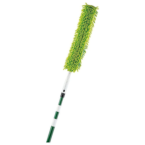 Close-up of a green chenille microfiber duster head attached to a white and green telescoping pole