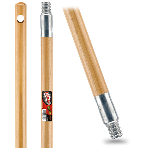 Three close-up views of a Libman hardwood broom handle showing top hole, midsection label, and threaded zinc screw end