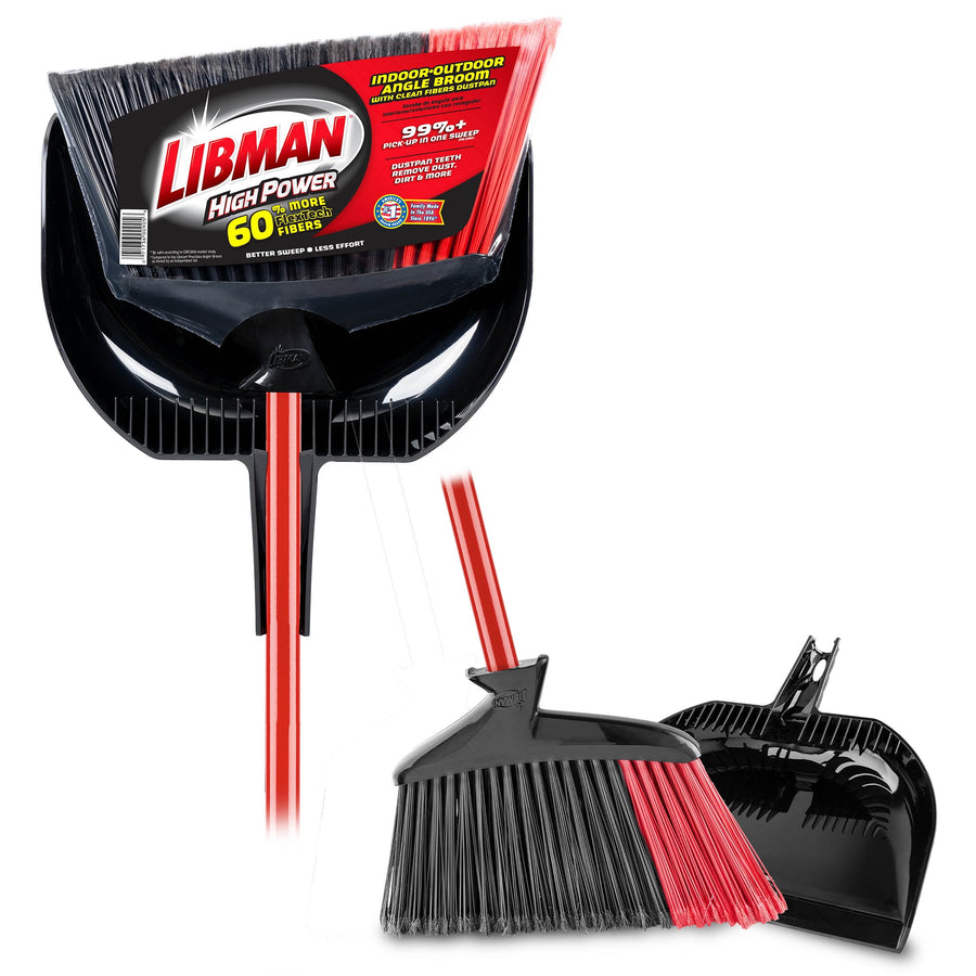 Libman High Power angle broom and matching black dustpan with red steel handle on white background